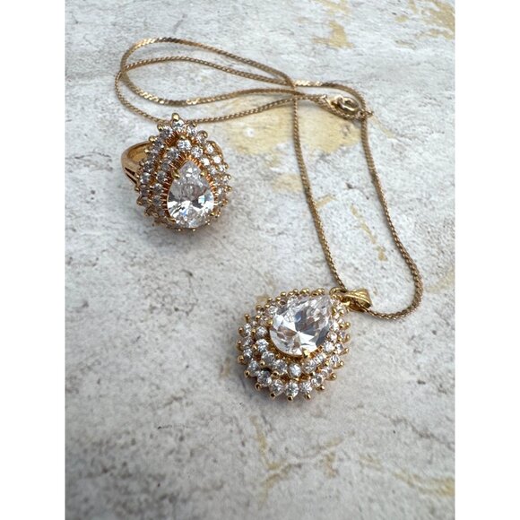 Vintage Pear Shaped Jewelry Set Ring Size 6.75 and Necklace Gift 14K HGE LIND - Picture 3 of 7